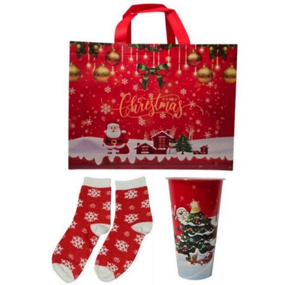 3 Pc. Christmas-Themed Large Gift Bag 1 Pair Socks Plastic Tumbler Gift Set NEW - Picture 2 of 16